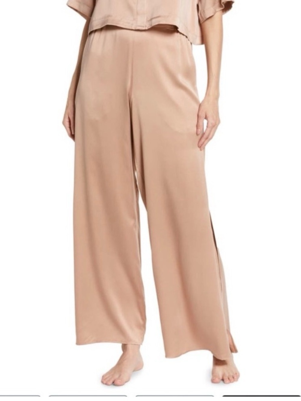Lunya 100% Washable Silk Wide Leg Split Hem Pajama PJ Pants Otium Tan Small